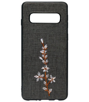 ADEL Siliconen Back Cover Softcase Hoesje voor Samsung Galaxy S10 - Geborduurde Bloem Zwart