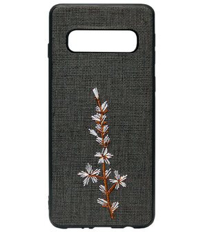 ADEL Siliconen Back Cover Softcase Hoesje voor Samsung Galaxy S10e - Geborduurde Bloem Zwart