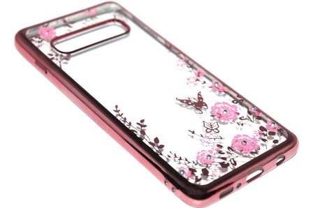 Roze glimmend bloemen hoesje Samsung Galaxy S10 Plus