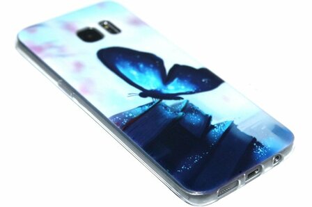 Blauw vlinder hoesje siliconen Samsung Galaxy S7 Edge