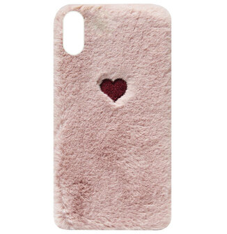 ADEL Siliconen Back Cover Softcase Hoesje voor iPhone XS/ X - Hartjes Fluffy Pluche Zachte Stof