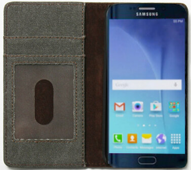 Kunstleren Book Case Pasjes Hoesje voor Samsung Galaxy S6 Edge - Stoffen Design Zwartgrijs