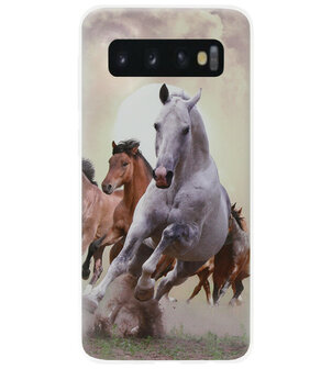 ADEL Siliconen Back Cover Softcase Hoesje voor Samsung Galaxy S10 - Paarden Wit Bruin