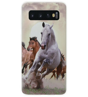 ADEL Siliconen Back Cover Softcase Hoesje voor Samsung Galaxy S10 Plus - Paarden Wit Bruin