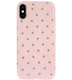 ADEL Siliconen Back Cover Softcase Hoesje voor iPhone XS/ X - Sterren Roze Bling Bling Glitter