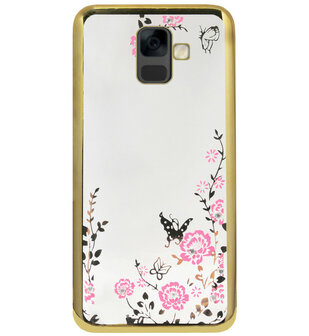 ADEL Siliconen Back Cover Softcase Hoesje voor Samsung Galaxy A6 (2018) - Bling Glimmend Vlinder Bloemen Goud