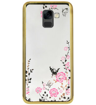 ADEL Siliconen Back Cover Softcase Hoesje voor Samsung Galaxy A8 (2018) - Bling Glimmend Vlinder Bloemen Goud