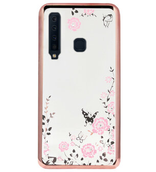 ADEL Siliconen Back Cover Softcase Hoesje voor Samsung Galaxy A9 (2018) - Bling Glimmend Vlinder Bloemen Roze