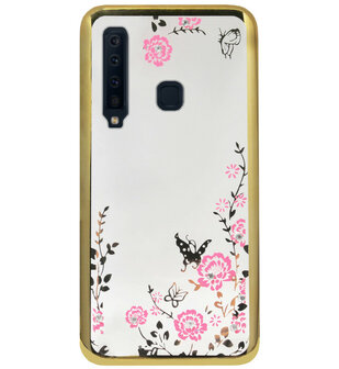 ADEL Siliconen Back Cover Softcase Hoesje voor Samsung Galaxy A9 (2018) - Bling Glimmend Vlinder Bloemen Goud