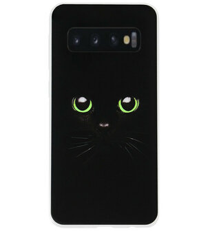 ADEL Siliconen Back Cover Softcase Hoesje voor Samsung Galaxy S10 Plus - Kat Zwart Groene Ogen