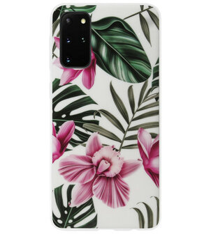 ADEL Siliconen Back Cover Softcase Hoesje voor Samsung Galaxy S20 Plus - Planten Bloemen Roze Groen