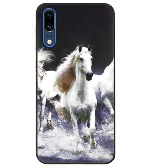 ADEL Siliconen Back Cover Softcase Hoesje voor Huawei P20 - Paarden Wit