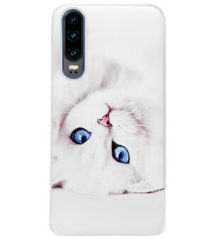 ADEL Siliconen Back Cover Softcase Hoesje voor Huawei P30 - Kat Wit