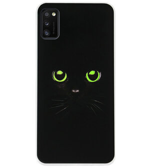 ADEL Siliconen Back Cover Softcase Hoesje voor Samsung Galaxy A41 - Katten Zwart Groene Ogen