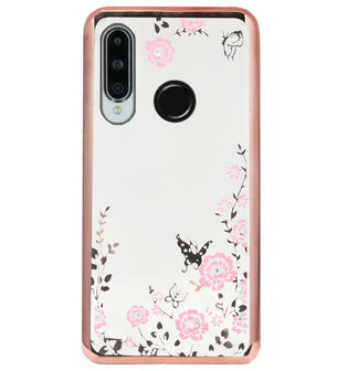 ADEL Siliconen Back Cover Softcase Hoesje voor Huawei P30 Lite - Bling Glimmend Vlinder Bloemen Roze