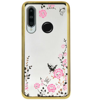 ADEL Siliconen Back Cover Softcase Hoesje voor Huawei P30 Lite - Bling Glimmend Vlinder Bloemen Goud