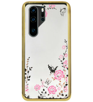 ADEL Siliconen Back Cover Softcase Hoesje voor Huawei P30 Pro - Bling Glimmend Vlinder Bloemen Goud