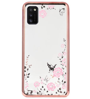 ADEL Siliconen Back Cover Softcase Hoesje voor Samsung Galaxy A41 - Glimmend Glitter Vlinder Bloemen Roze