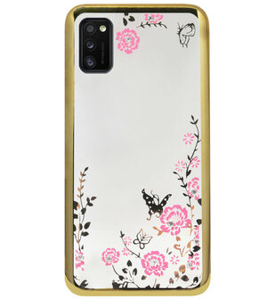 ADEL Siliconen Back Cover Softcase Hoesje voor Samsung Galaxy A41 - Glimmend Glitter Vlinder Bloemen Goud