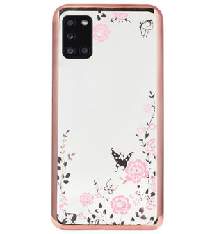 ADEL Siliconen Back Cover Softcase Hoesje voor Samsung Galaxy A31 - Glimmend Glitter Vlinder Bloemen Roze