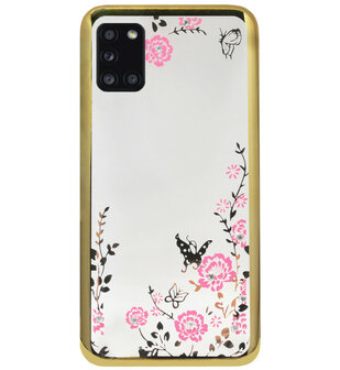 ADEL Siliconen Back Cover Softcase Hoesje voor Samsung Galaxy A31 - Glimmend Glitter Vlinder Bloemen Goud