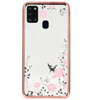 ADEL Siliconen Back Cover Softcase Hoesje voor Samsung Galaxy A21s - Glimmend Glitter Vlinder Bloemen Roze