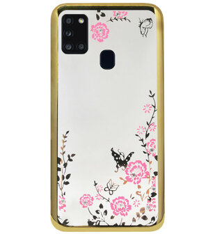 ADEL Siliconen Back Cover Softcase Hoesje voor Samsung Galaxy A21s - Glimmend Glitter Vlinder Bloemen Goud
