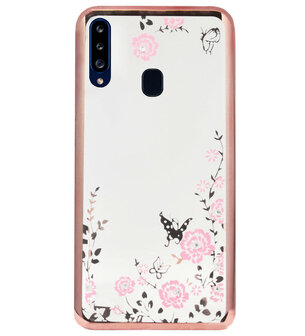 ADEL Siliconen Back Cover Softcase Hoesje voor Samsung Galaxy A20s - Glimmend Glitter Vlinder Bloemen Roze