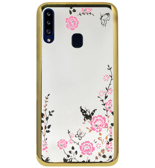 ADEL Siliconen Back Cover Softcase Hoesje voor Samsung Galaxy A20s - Glimmend Glitter Vlinder Bloemen Goud
