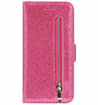 ADEL Kunstleren Book Case Pasjes Portemonnee Hoesje voor Samsung Galaxy A20s - Bling Bling Glitter Roze