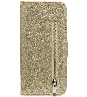 ADEL Kunstleren Book Case Pasjes Portemonnee Hoesje voor Samsung Galaxy A20s - Bling Bling Glitter Goud