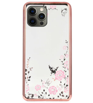 ADEL Siliconen Back Cover Softcase Hoesje voor iPhone 12 (Pro) - Glimmend Glitter Vlinder Bloemen Roze