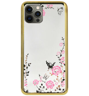 ADEL Siliconen Back Cover Softcase Hoesje voor iPhone 12 (Pro) - Glimmend Glitter Vlinder Bloemen Goud