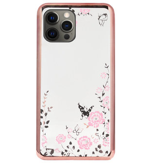 ADEL Siliconen Back Cover Softcase Hoesje voor iPhone 12 Pro Max - Glimmend Glitter Vlinder Bloemen Roze