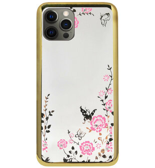 ADEL Siliconen Back Cover Softcase Hoesje voor iPhone 12 Pro Max - Glimmend Glitter Vlinder Bloemen Goud