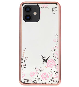 ADEL Siliconen Back Cover Softcase Hoesje voor iPhone 12 Mini - Glimmend Glitter Vlinder Bloemen Roze