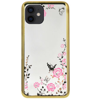 ADEL Siliconen Back Cover Softcase Hoesje voor iPhone 12 Mini - Glimmend Glitter Vlinder Bloemen Goud