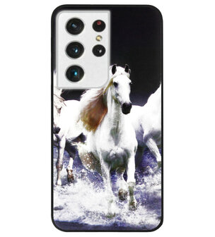 ADEL Siliconen Back Cover Softcase Hoesje voor Samsung Galaxy S21 Ultra - Paarden Wit
