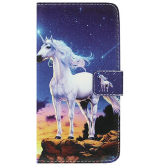 ADEL Kunstleren Book Case Pasjes Portemonnee Hoesje voor Samsung Galaxy A42 - Paarden Eenhoorn Wit
