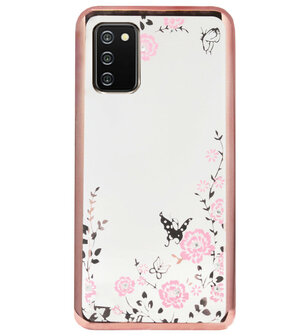 ADEL Siliconen Back Cover Softcase Hoesje voor Samsung Galaxy A02s - Glimmend Glitter Vlinder Bloemen Roze