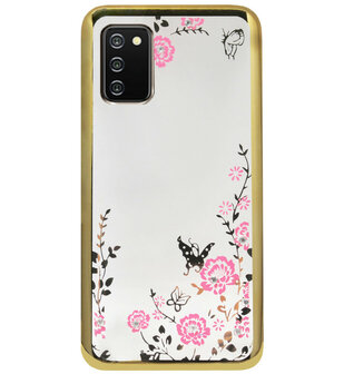 ADEL Siliconen Back Cover Softcase Hoesje voor Samsung Galaxy A02s - Glimmend Glitter Vlinder Bloemen Goud