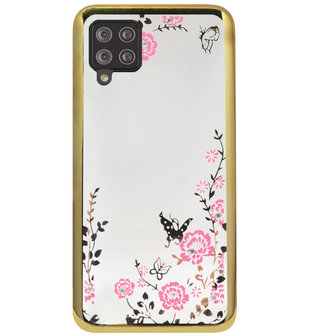 ADEL Siliconen Back Cover Softcase Hoesje voor Samsung Galaxy A12/ M12 - Glimmend Glitter Vlinder Bloemen Goud