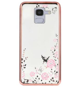 ADEL Siliconen Back Cover Softcase Hoesje voor Samsung Galaxy J6 Plus (2018) - Glimmend Glitter Vlinder Bloemen Roze