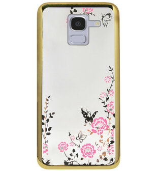 ADEL Siliconen Back Cover Softcase Hoesje voor Samsung Galaxy J6 Plus (2018) - Glimmend Glitter Vlinder Bloemen Goud