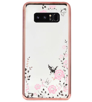 ADEL Siliconen Back Cover Softcase Hoesje voor Samsung Galaxy Note 8 - Glimmend Glitter Vlinder Bloemen Roze