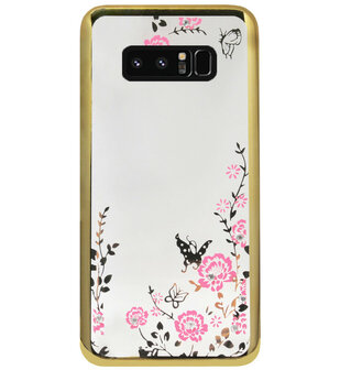 ADEL Siliconen Back Cover Softcase Hoesje voor Samsung Galaxy Note 8 - Glimmend Glitter Vlinder Bloemen Goud