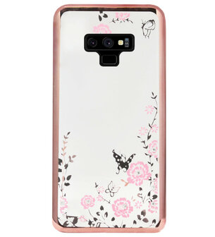 ADEL Siliconen Back Cover Softcase Hoesje voor Samsung Galaxy Note 9 - Glimmend Glitter Vlinder Bloemen Roze