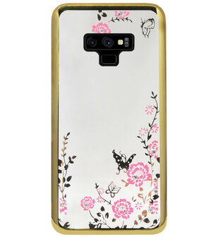 ADEL Siliconen Back Cover Softcase Hoesje voor Samsung Galaxy Note 9 - Glimmend Glitter Vlinder Bloemen Goud