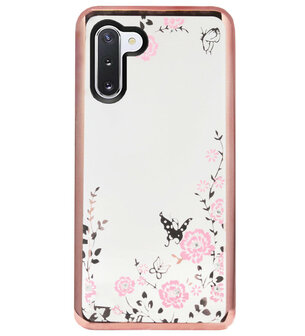 ADEL Siliconen Back Cover Softcase Hoesje voor Samsung Galaxy Note 10 - Glimmend Glitter Vlinder Bloemen Roze