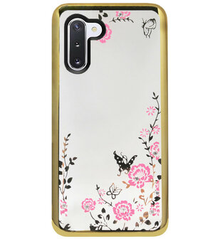 ADEL Siliconen Back Cover Softcase Hoesje voor Samsung Galaxy Note 10 - Glimmend Glitter Vlinder Bloemen Goud
